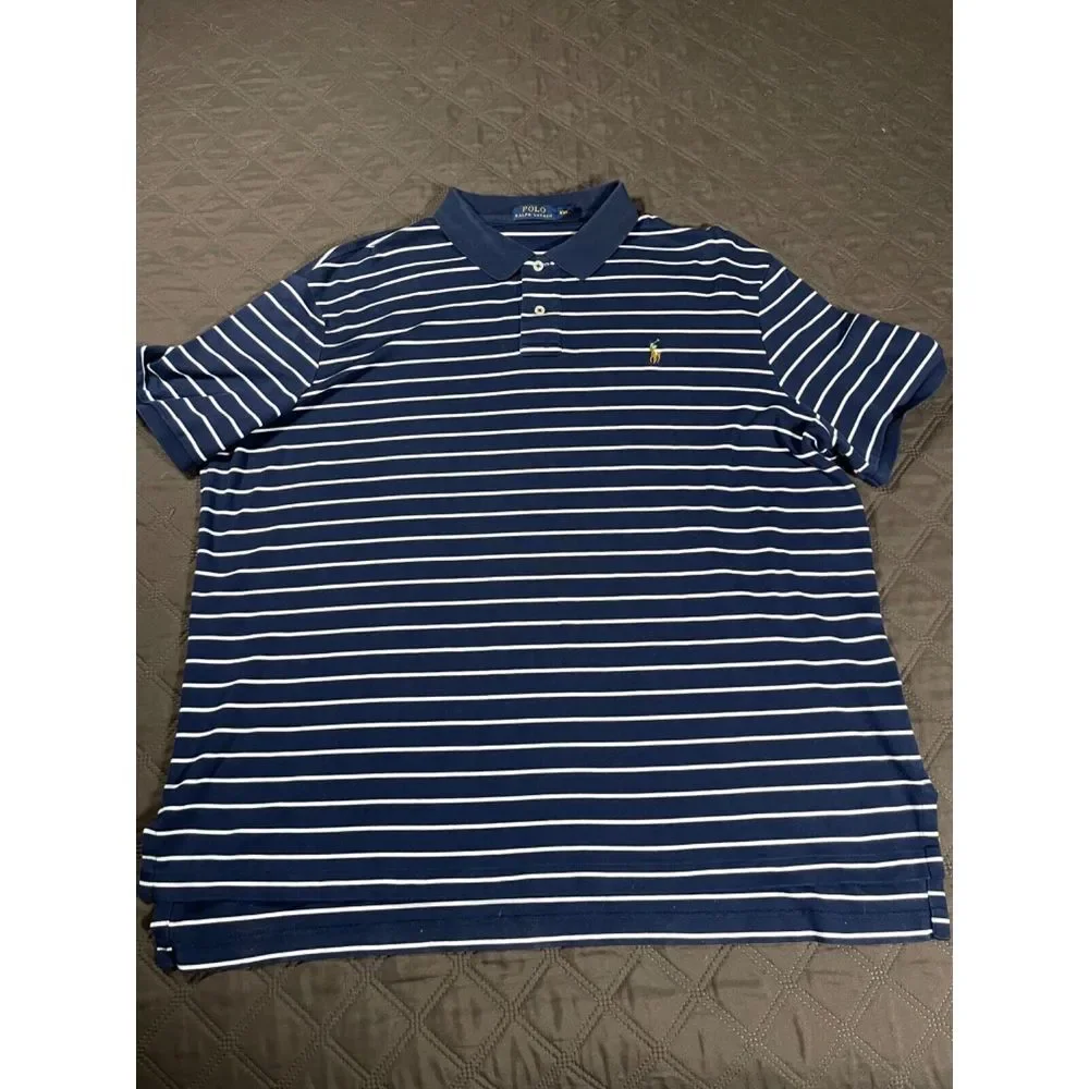 Polo Ralph Lauren Shirt Mens XXL Blue White Striped‎ Short Sleeve Soft Cotton